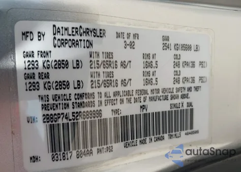 2002 Dodge Grand Caravan Ex z USA, uszkodzony, nr VIN 2B8GP74L52R689996